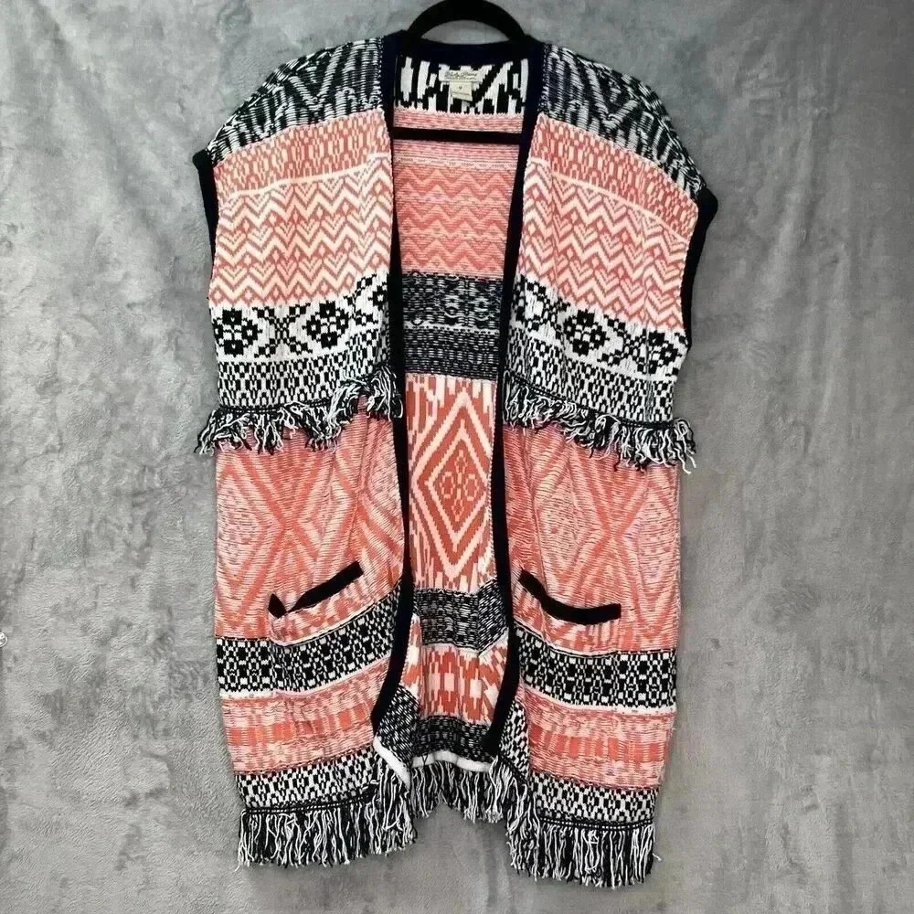 Lucky Brand Fringe Jacquard Cardigan Sweater Vest Sz M Orange Black‎ Aztec